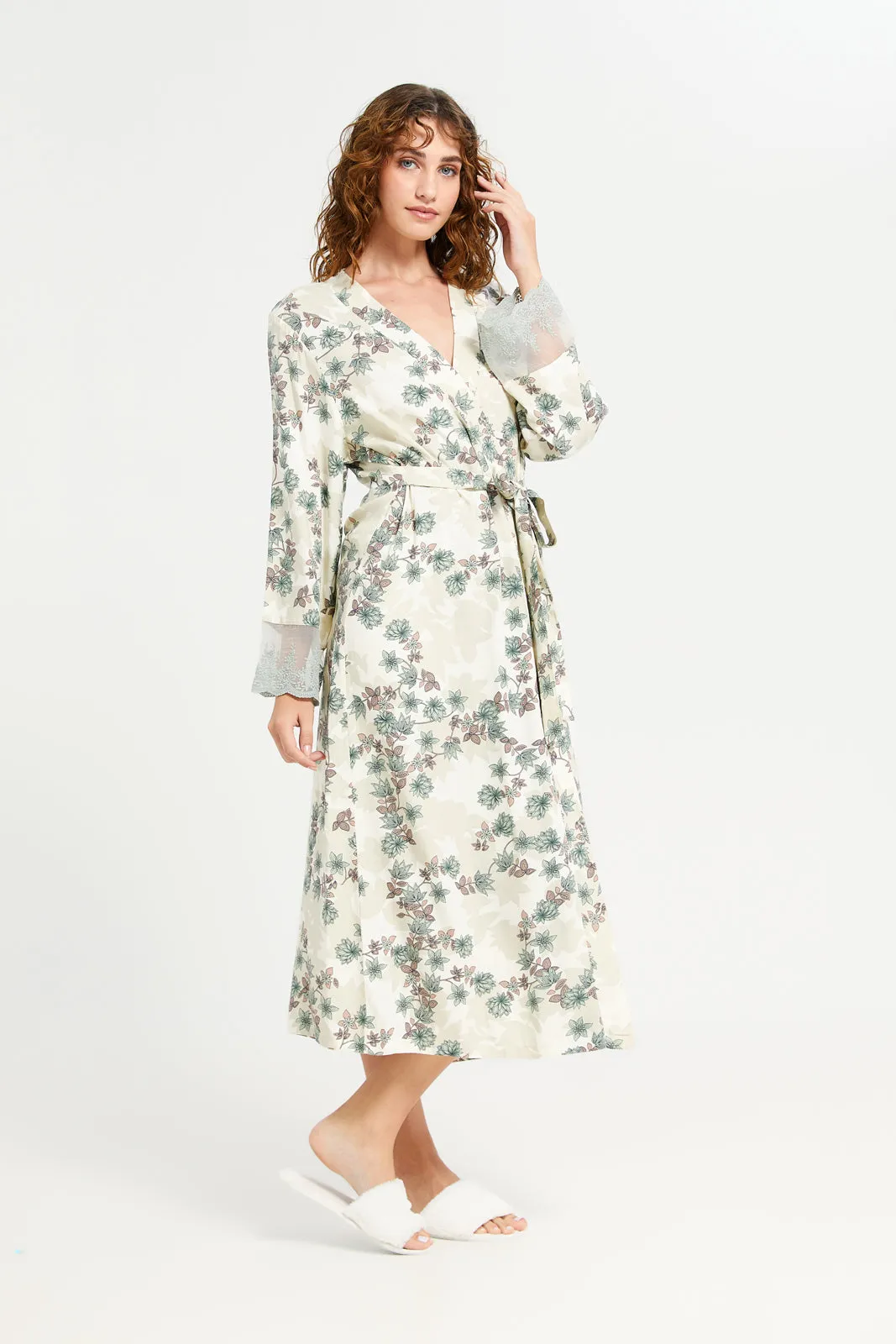 Women Cream Printed Robe Lace Nightgown