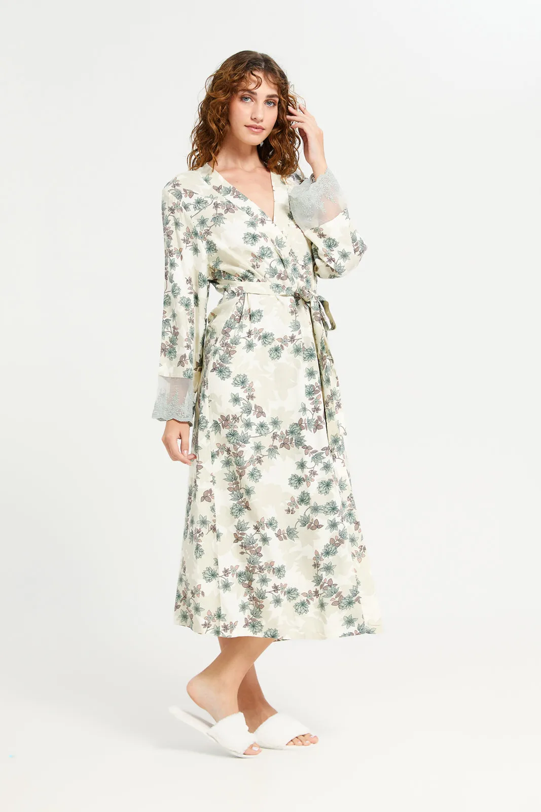 Women Cream Printed Robe Lace Nightgown