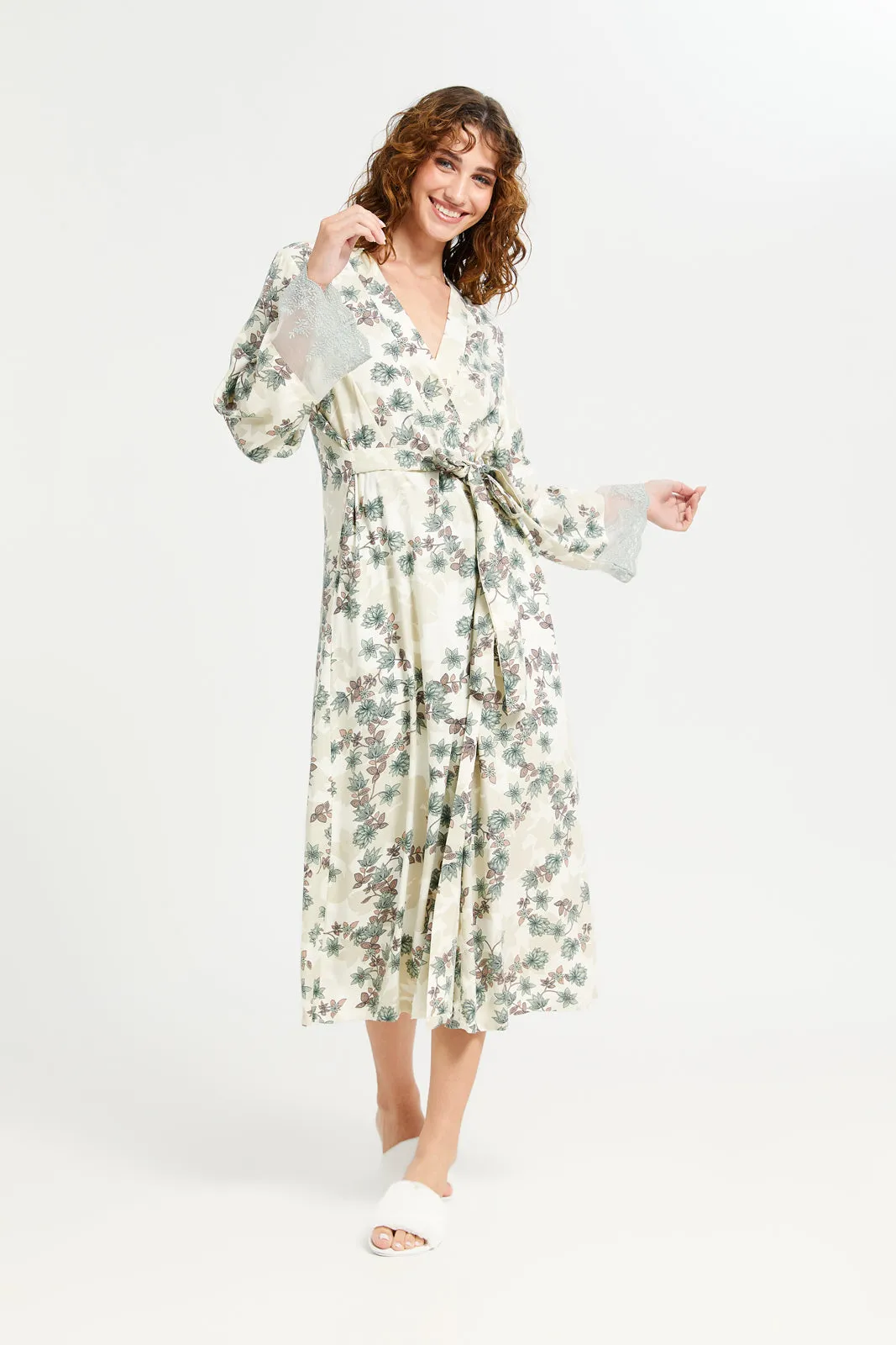 Women Cream Printed Robe Lace Nightgown