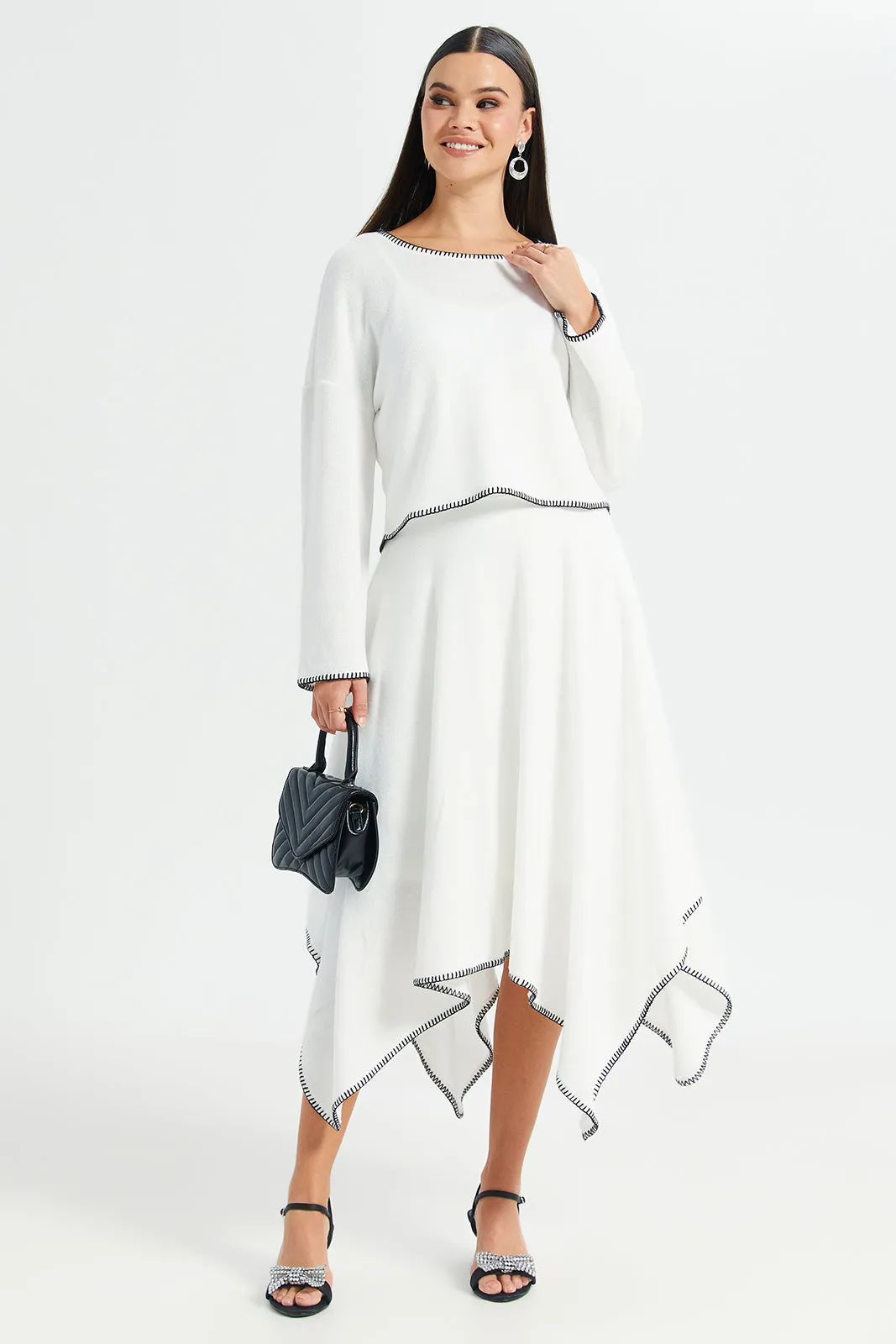 Women Ivory Hanky Hem Contrast Skirt