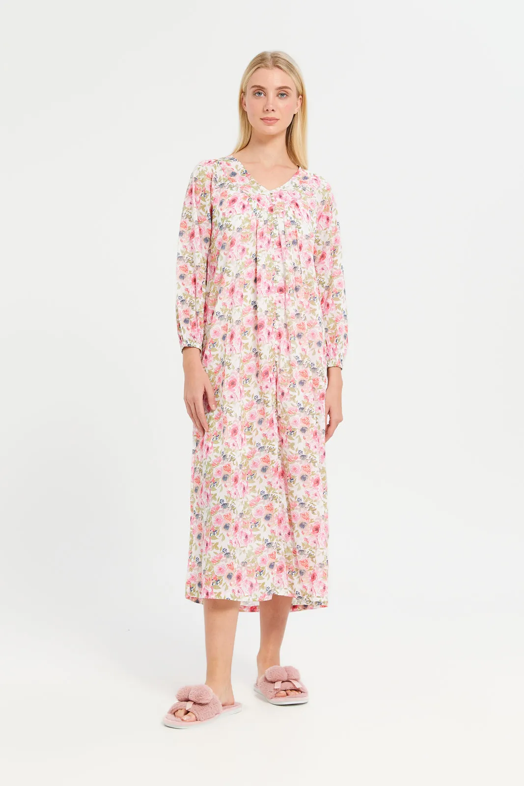 Women Pink Floral Front Button Nightgown