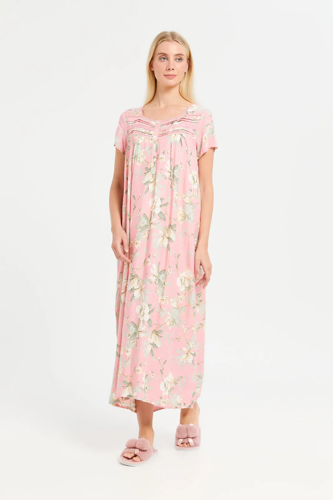 Women Pink Floral Print Lace Nightgown