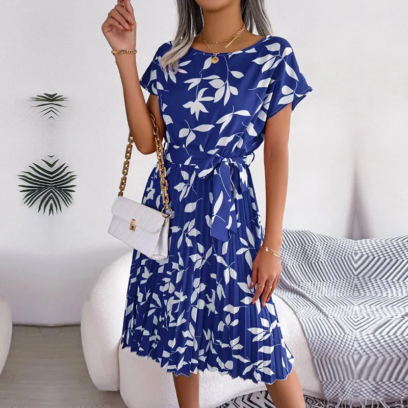 Women Spring Short Waist Chic Floral Pleated A Line Long Midi Dresses