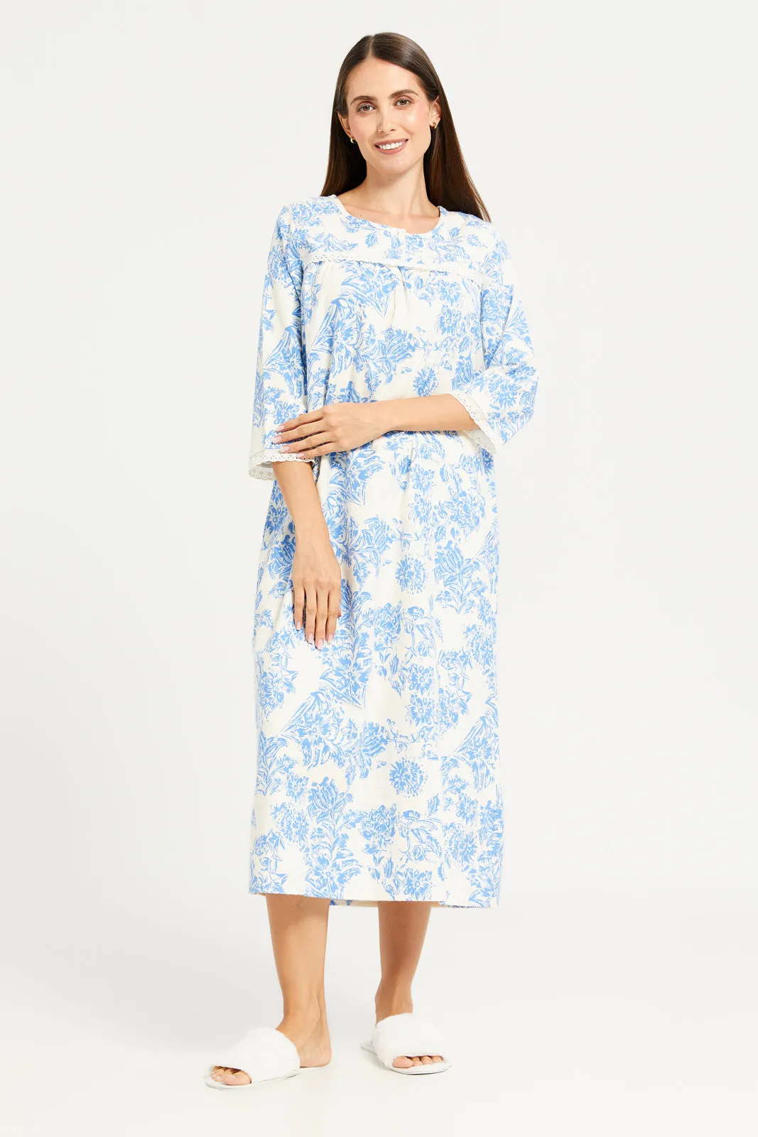 Women White And Blue Printed Nightgown