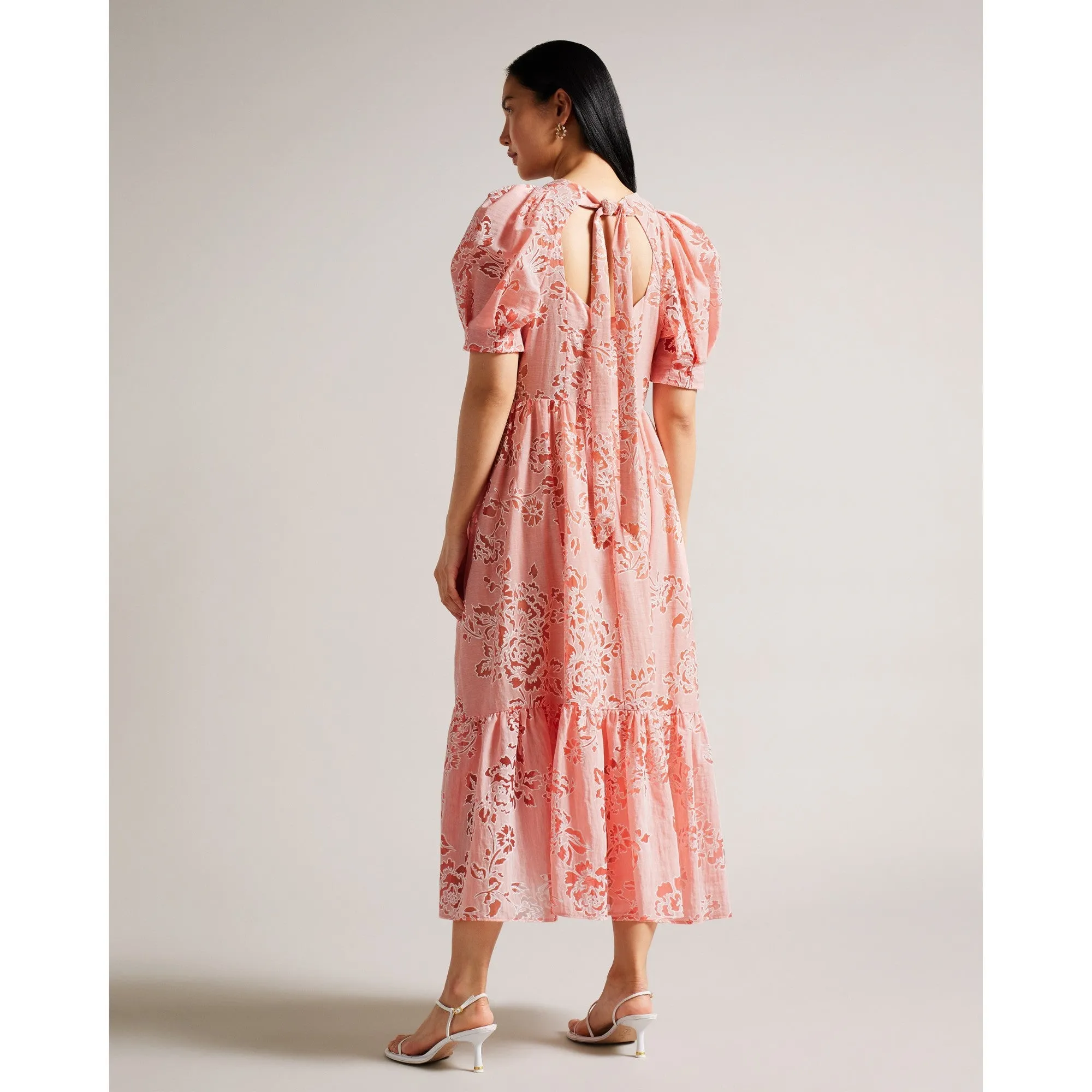 Women Wmd-Esthher-Puff Sleeve Tiered Midi Dress - Coral