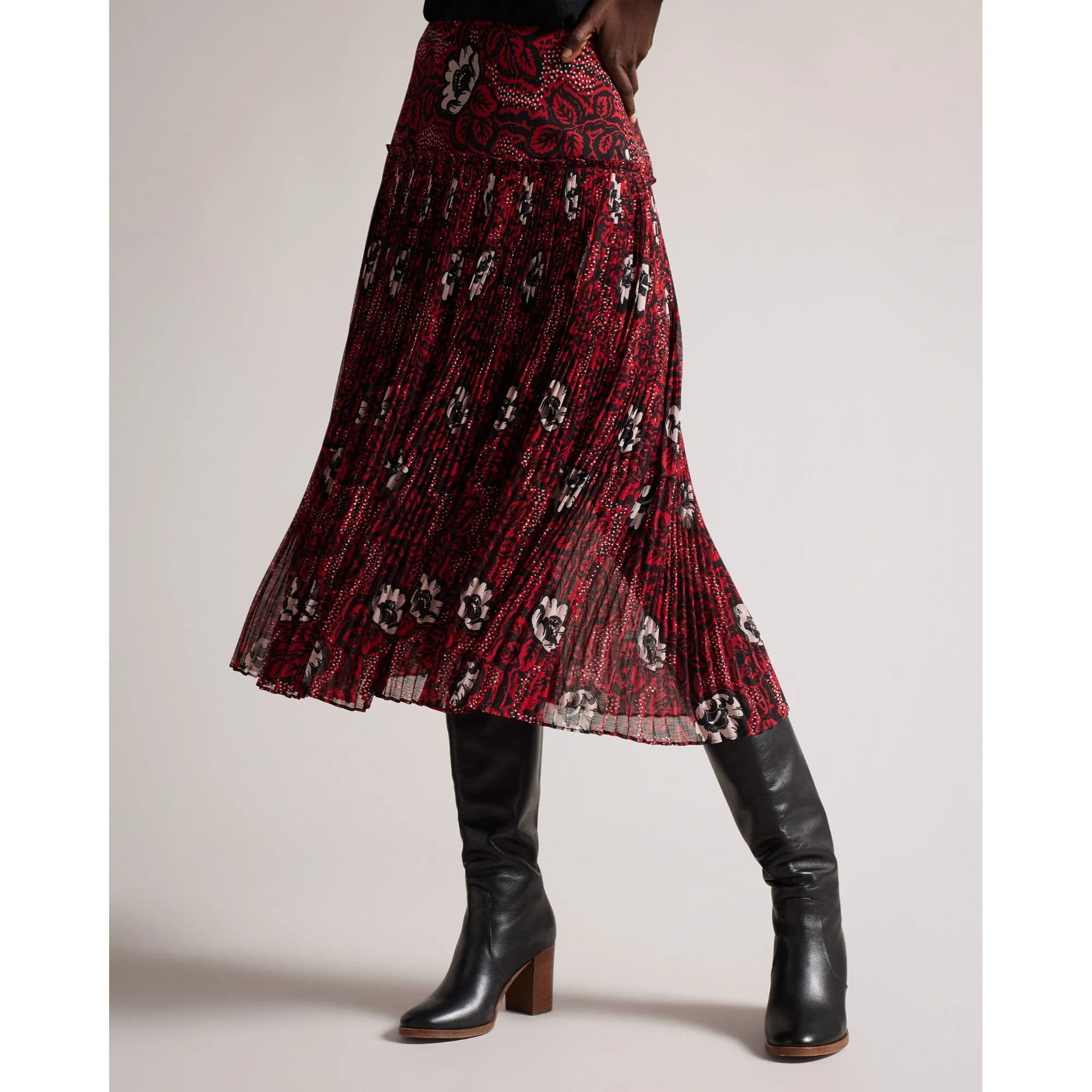 Women Wms-Ariello-Corrugated Dropped Waist Midi Skirt - Red