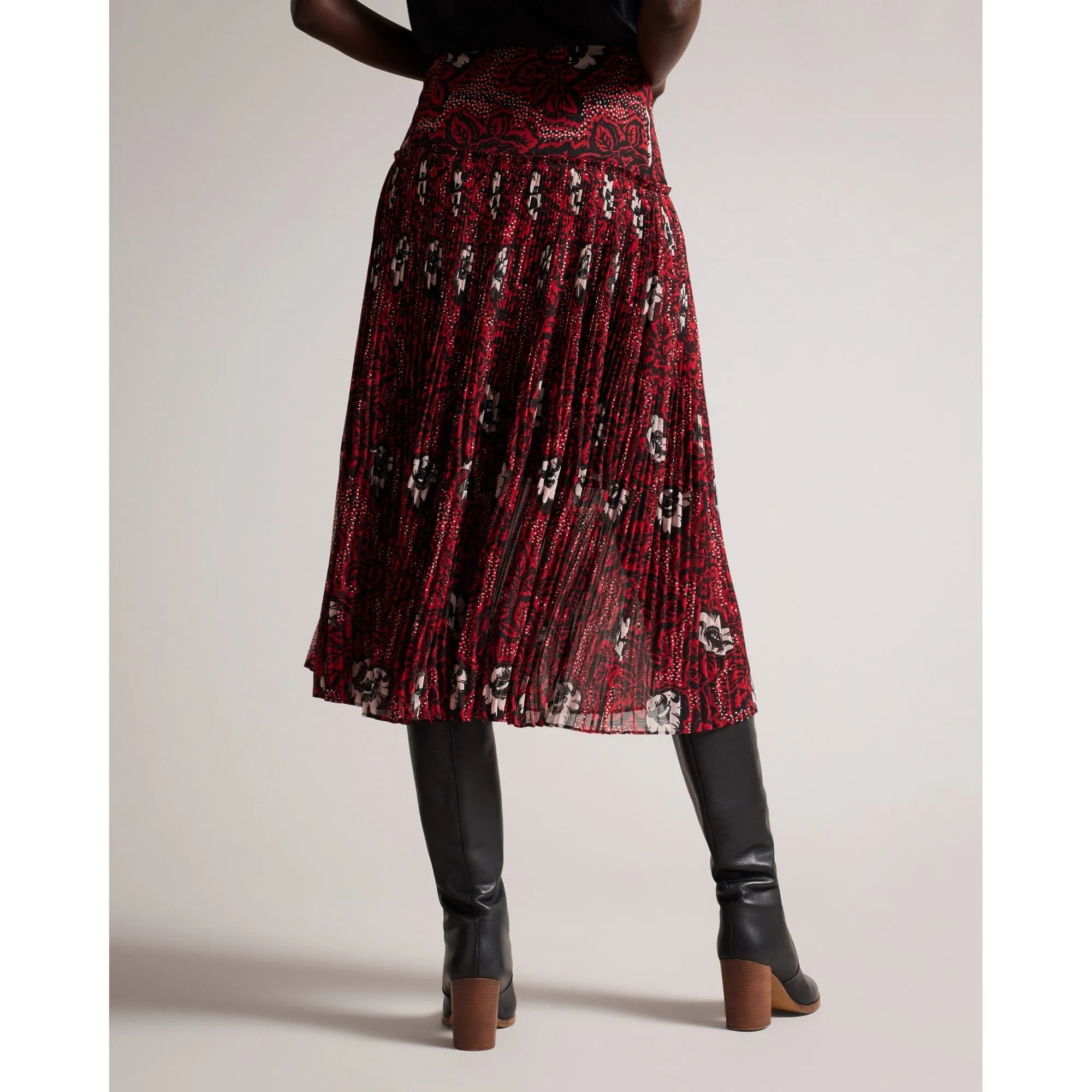 Women Wms-Ariello-Corrugated Dropped Waist Midi Skirt - Red