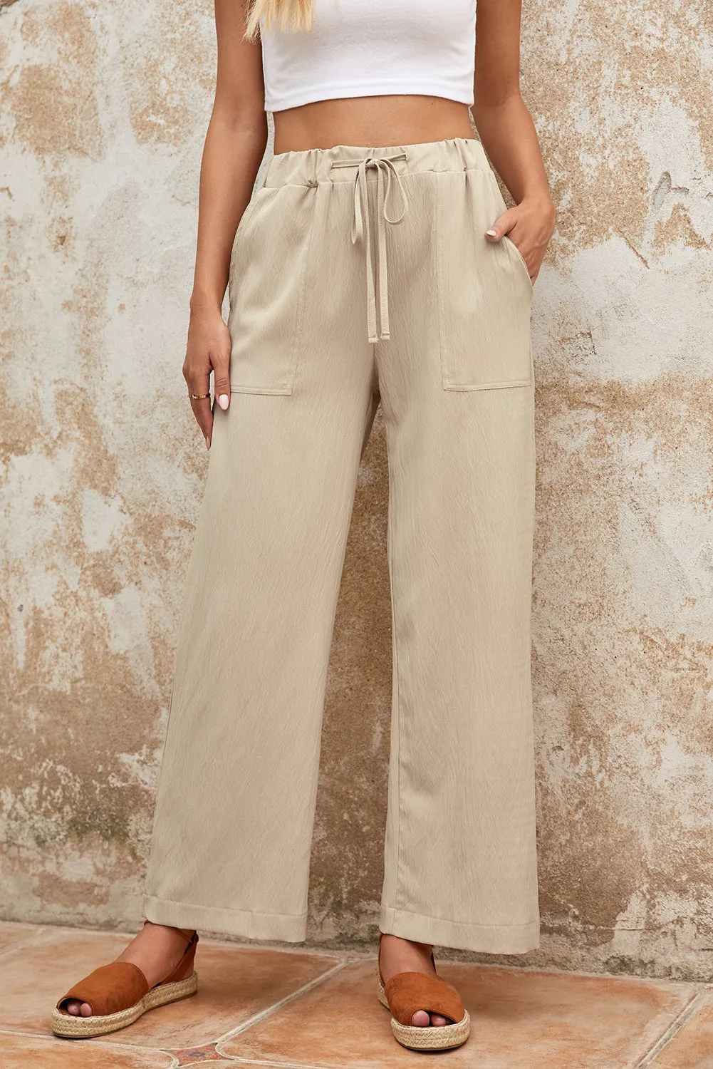 Women's Casual Khaki Drawstring Waist Crinkled Wide Leg Pants