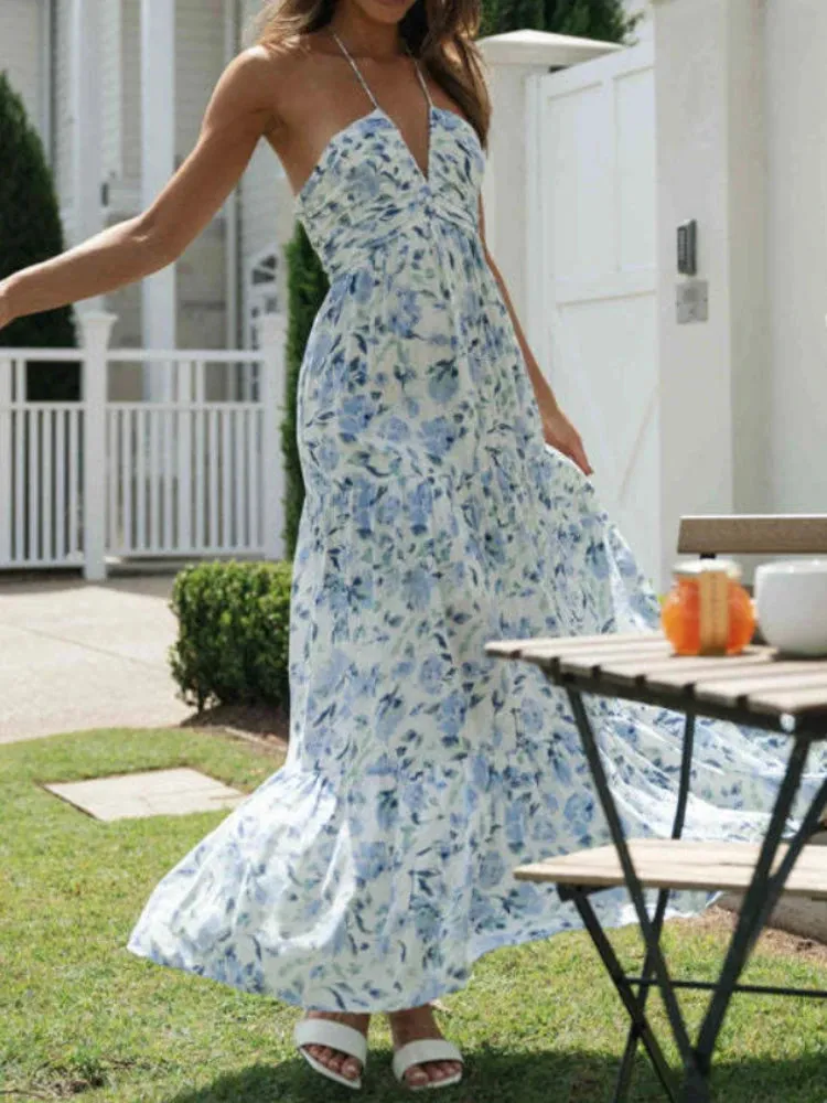 Women's Chiffon Halter V Neck Floral Flowy A Line Boho Backless Tiered Midi Dresses