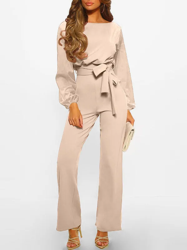 Women's Crewneck Long Puff Sleeve Waist Tie Jumpsuit