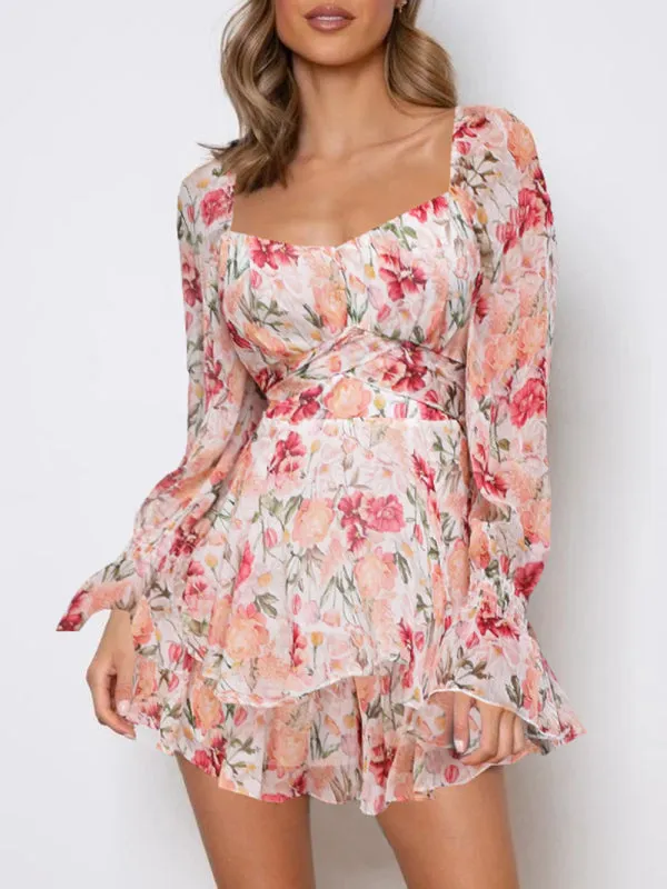 Women's Floral Print Sweetheart Long Sleeve Playsuit