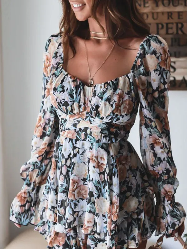 Women's Floral Print Sweetheart Long Sleeve Playsuit