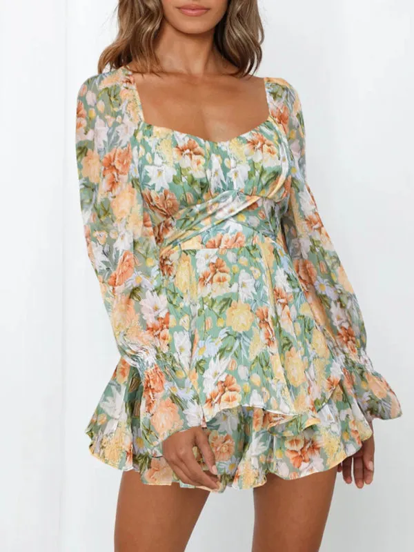 Women's Floral Print Sweetheart Long Sleeve Playsuit