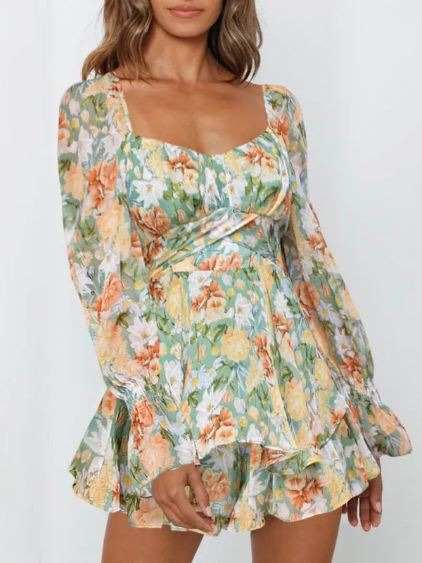 Women's Floral Print Sweetheart Long Sleeve Playsuit