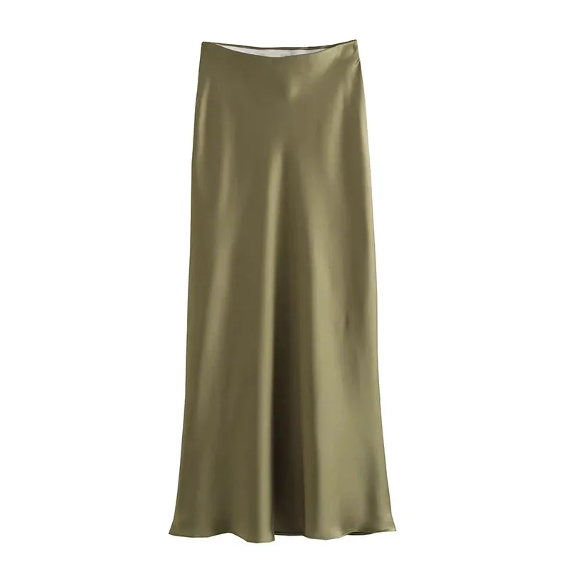 Women's High Waist Bodycon Fashion Designer Metallic Satin Skirts (Midi)