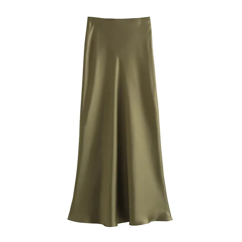 Women's High Waist Bodycon Fashion Designer Metallic Satin Skirts (Midi)