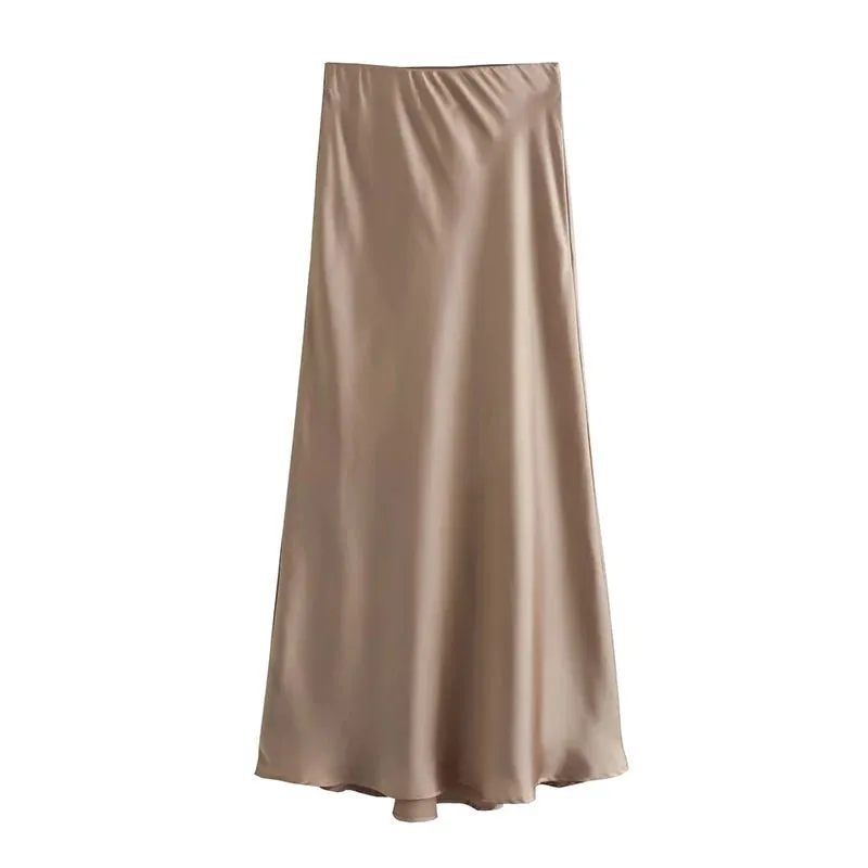 Women's High Waist Bodycon Fashion Designer Metallic Satin Skirts (Midi)