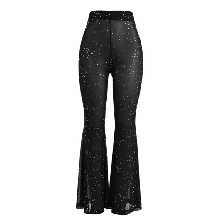 Women's High Waist Sexy Mesh Plastic Trousers Wide-leg Pants