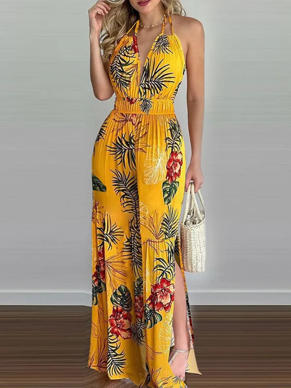 Women's Irregular Printed Halter Neck Backless Jumpsuit