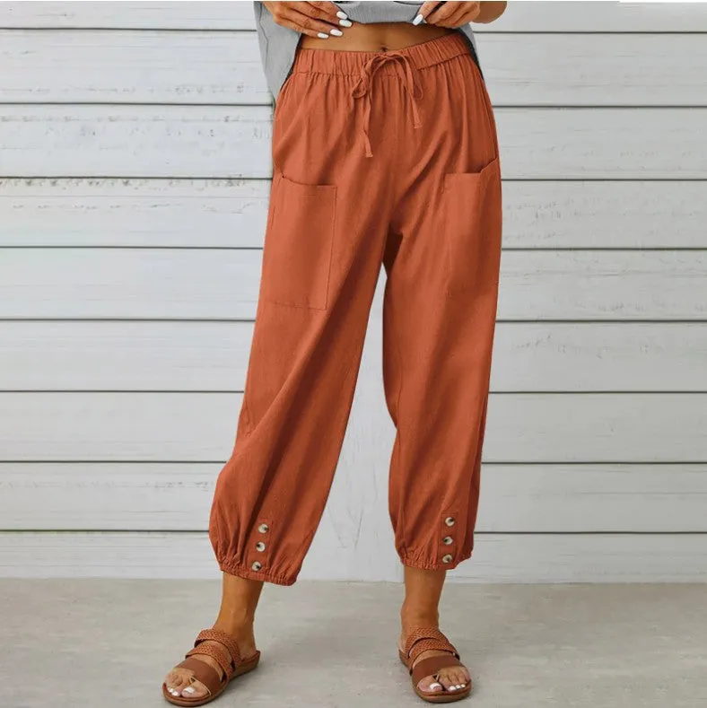 Women's Loose High Waist Button Cotton And Linen Trousers Cropped Pants