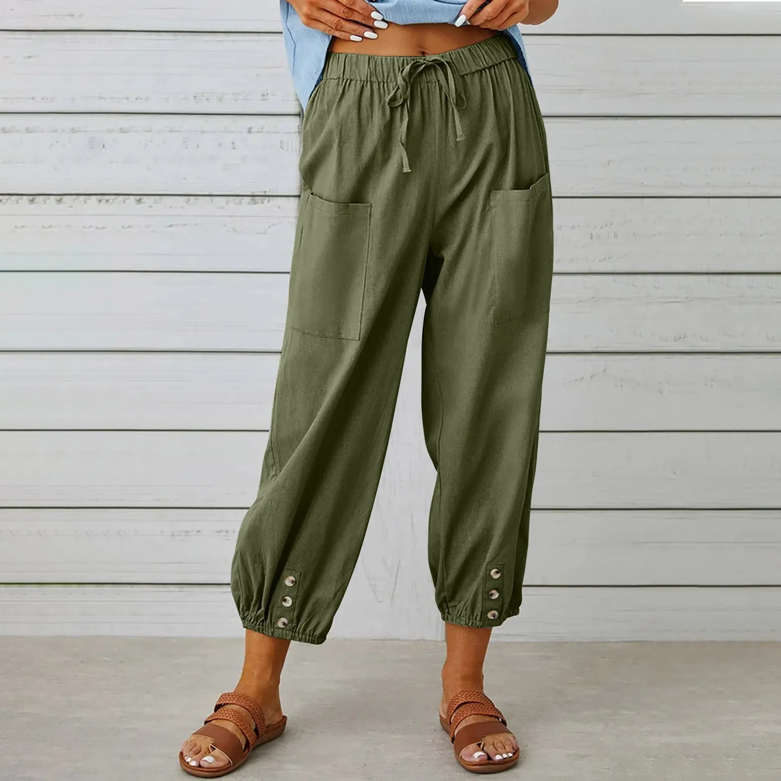 Women's Loose High Waist Button Cotton And Linen Trousers Cropped Pants