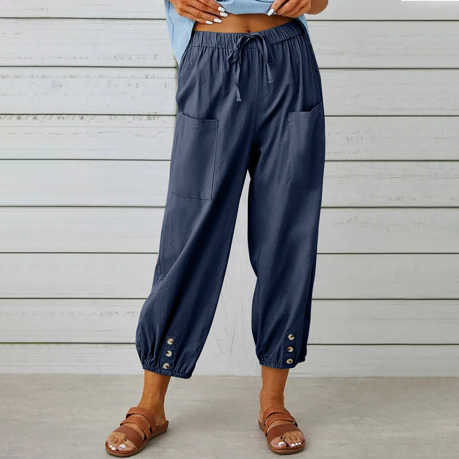 Women's Loose High Waist Button Cotton And Linen Trousers Cropped Pants