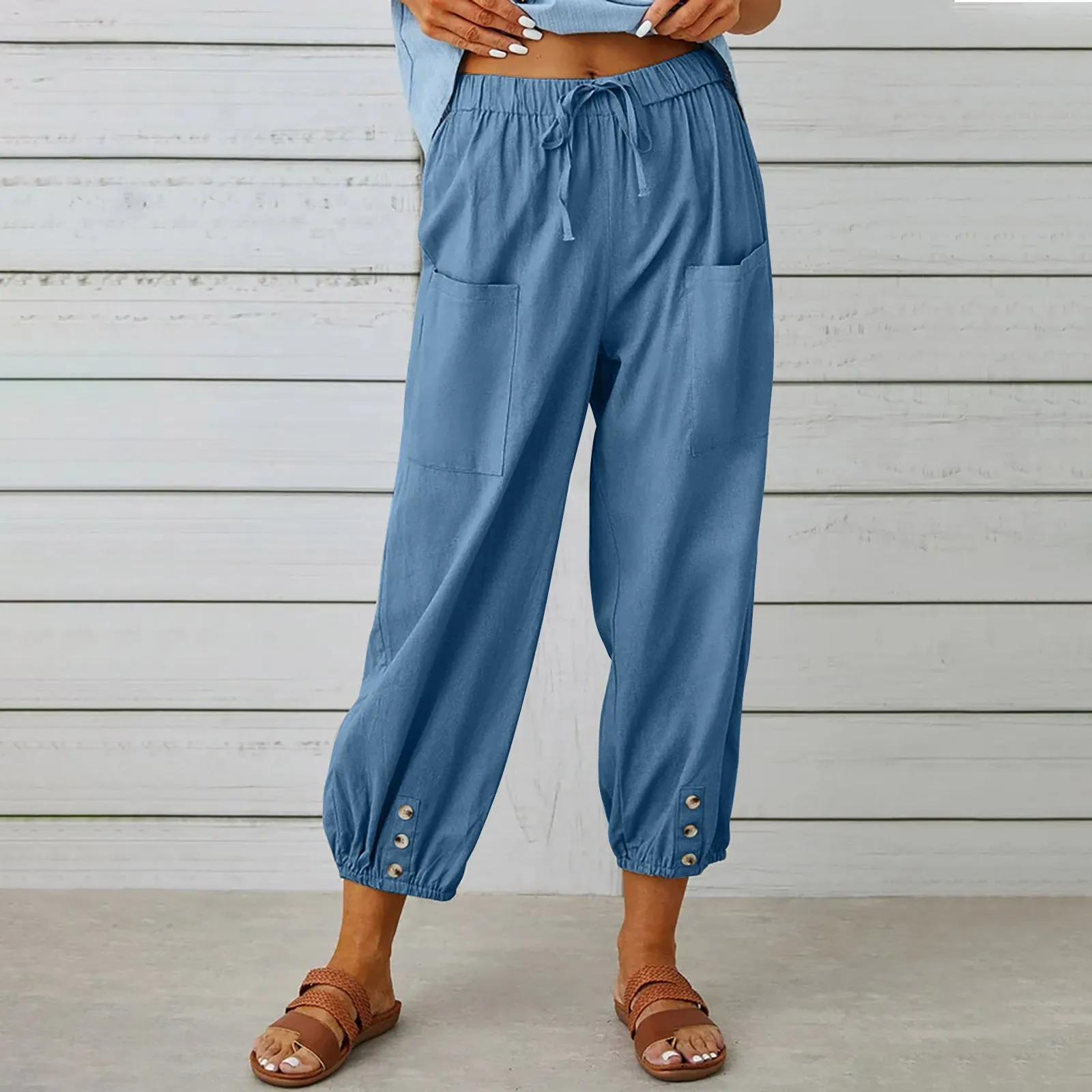 Women's Loose High Waist Button Cotton And Linen Trousers Cropped Pants