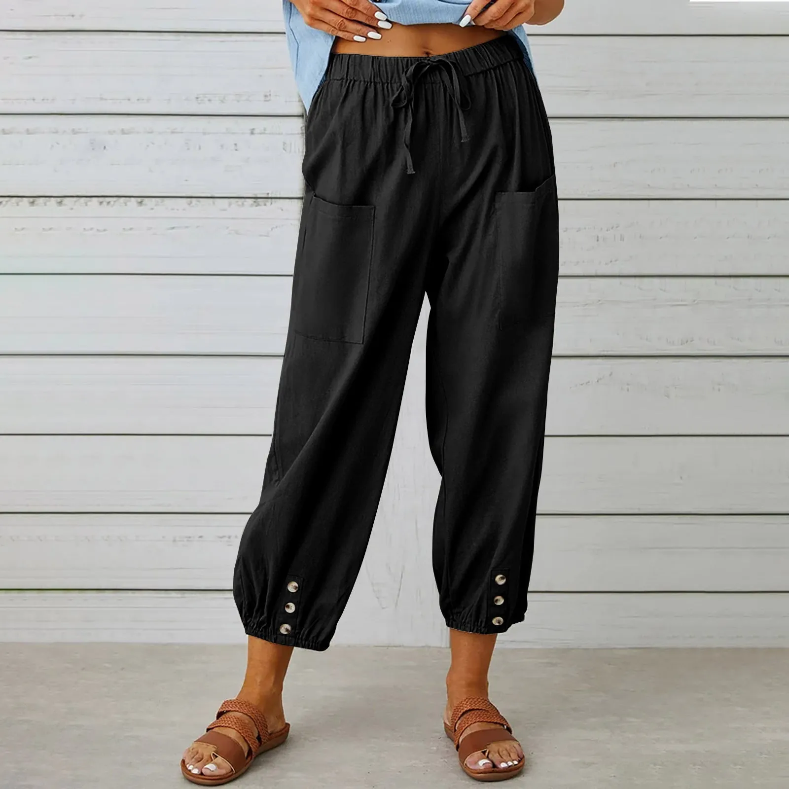 Women's Loose High Waist Button Cotton And Linen Trousers Cropped Pants