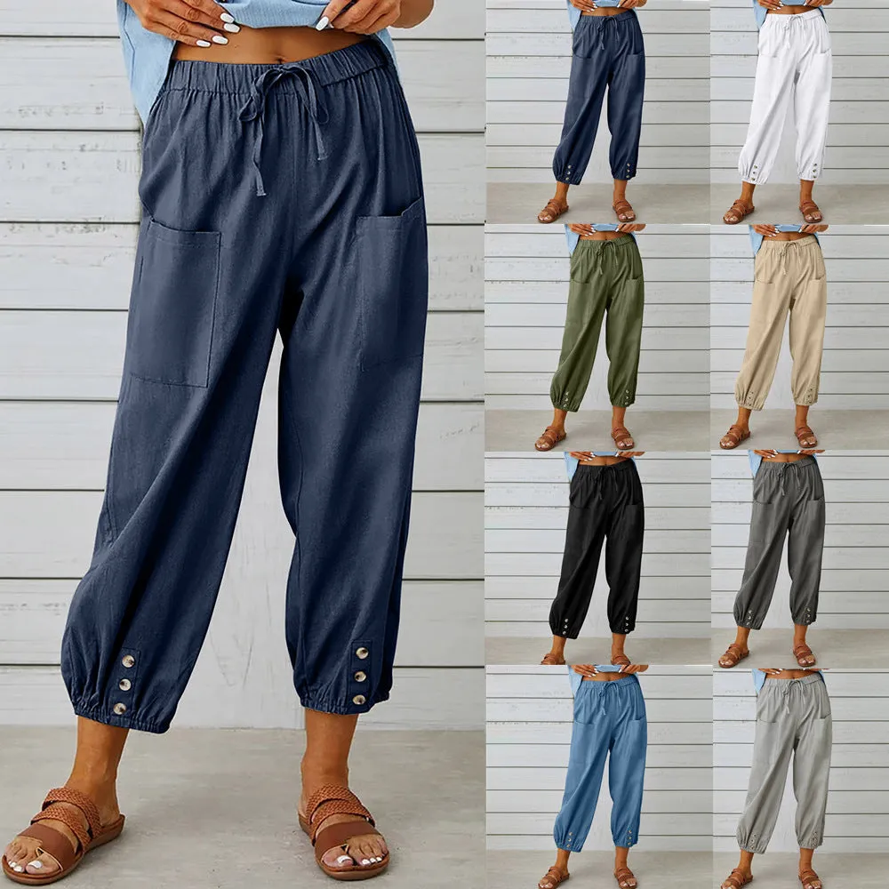 Women's Loose High Waist Button Cotton And Linen Trousers Cropped Pants