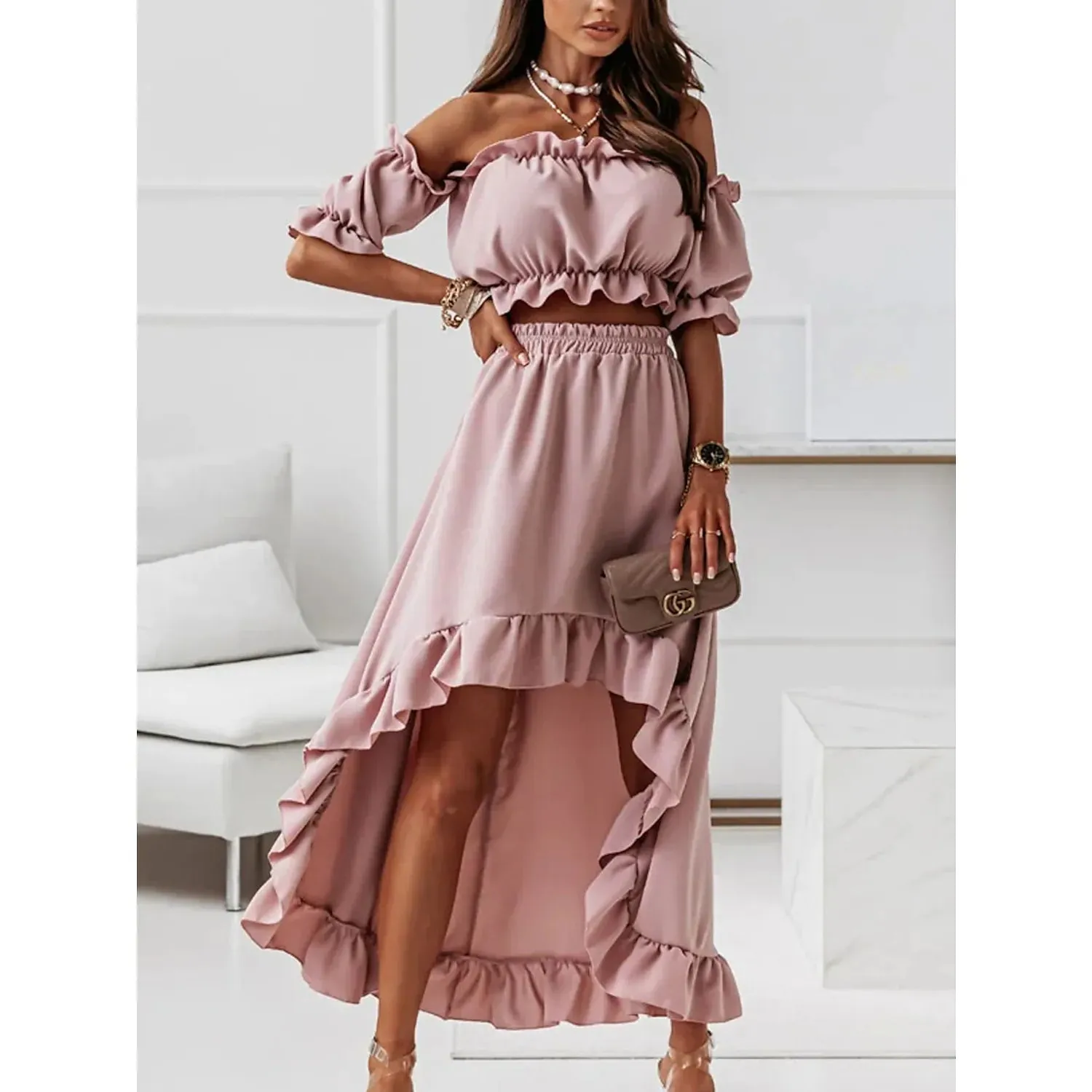 Women's Sexy Boho Solid Color Casual Dress Two Piece