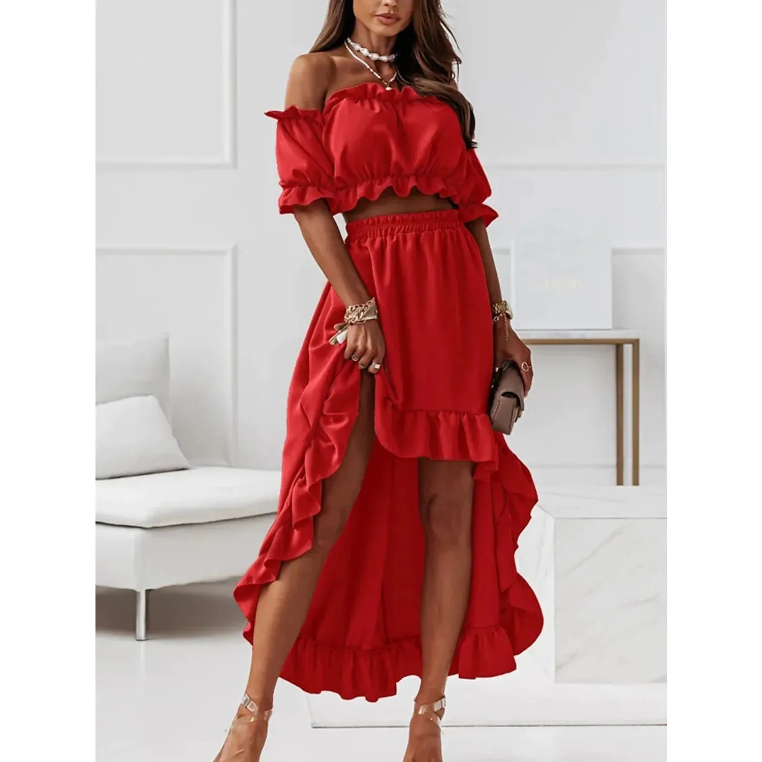 Women's Sexy Boho Solid Color Casual Dress Two Piece