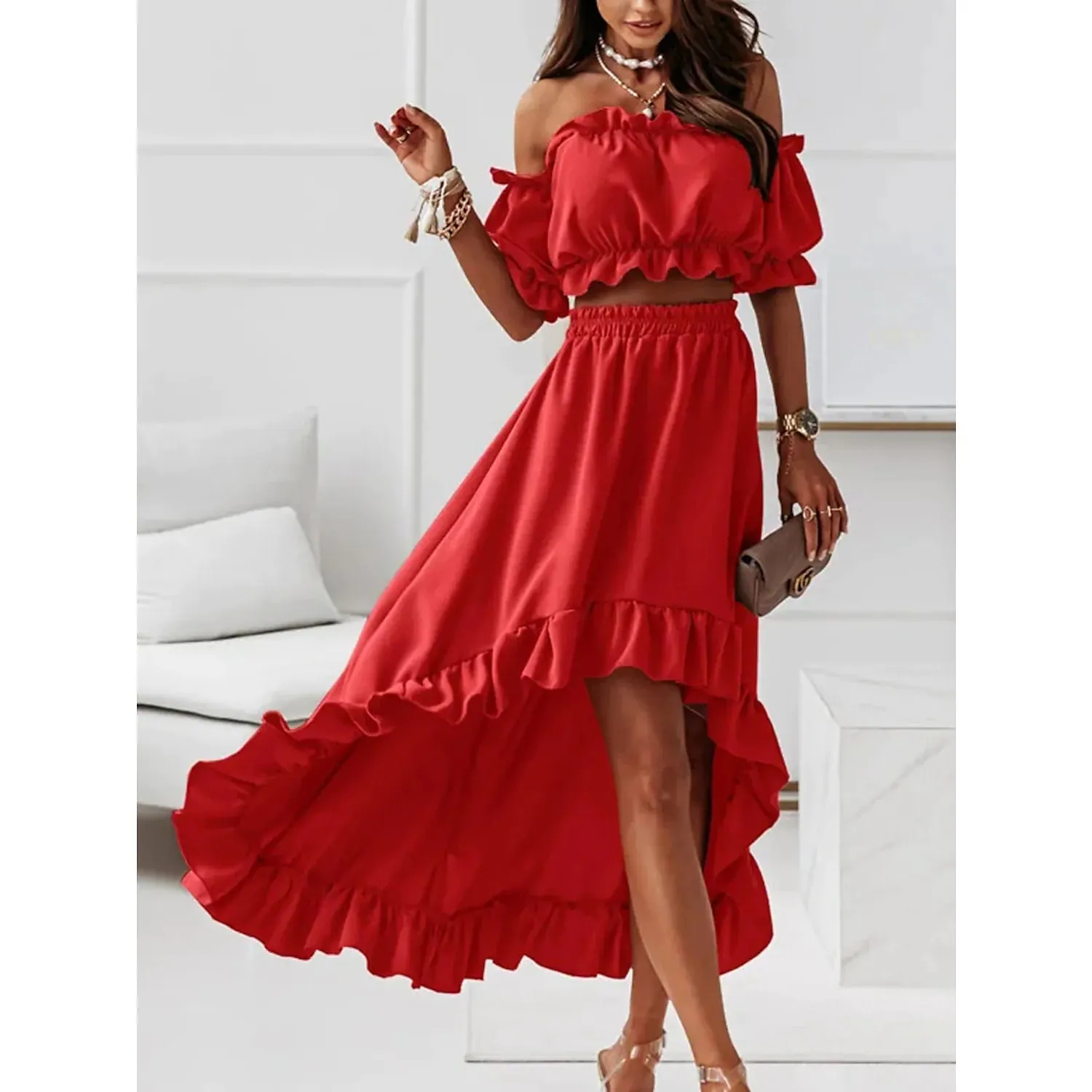 Women's Sexy Boho Solid Color Casual Dress Two Piece