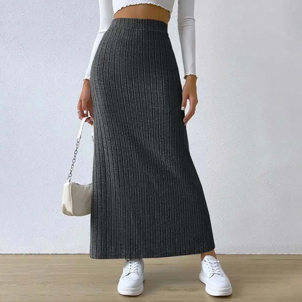 Women's Side Slits Ribbed High Waist Fashion Designer Skirts (Long)