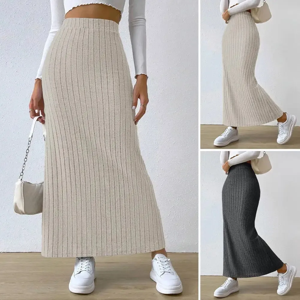 Women's Side Slits Ribbed High Waist Fashion Designer Skirts (Long)