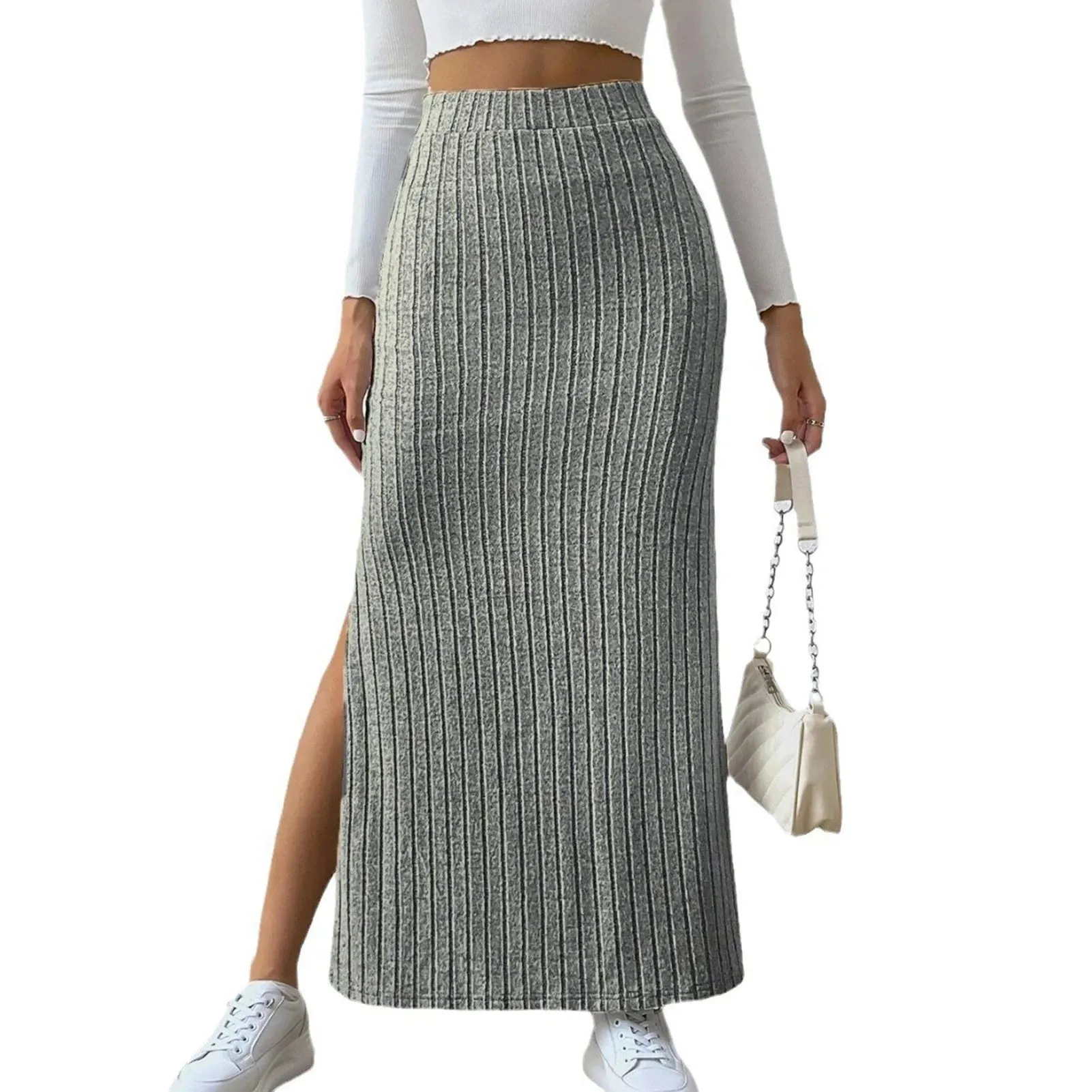 Women's Side Slits Ribbed High Waist Fashion Designer Skirts (Long)