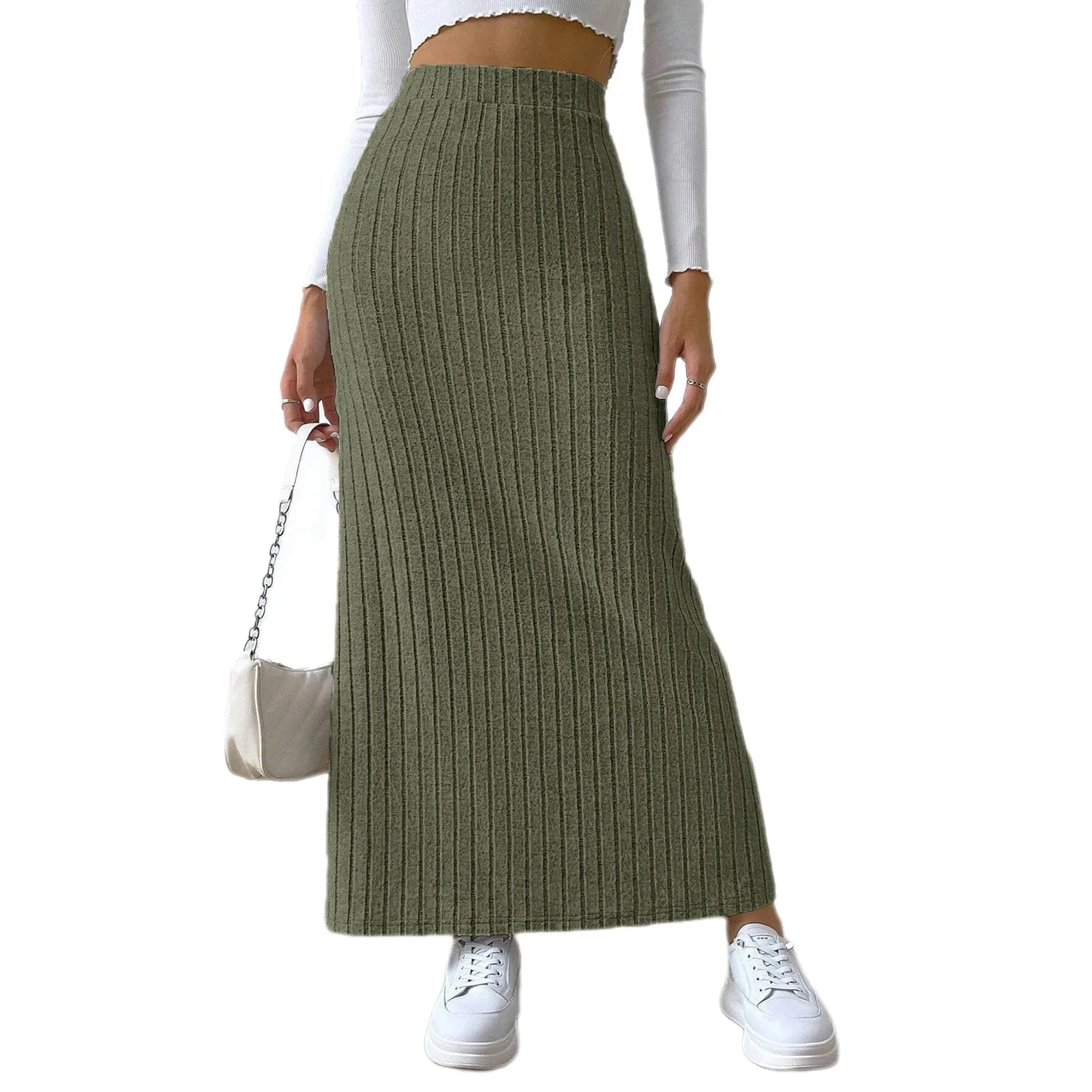 Women's Side Slits Ribbed High Waist Fashion Designer Skirts (Long)