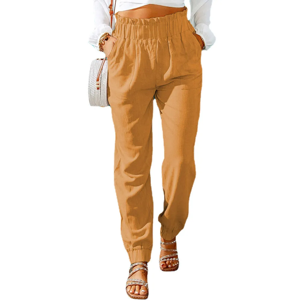 Women's Spring Ruffled Elastic Waist Belt High-waisted Pants