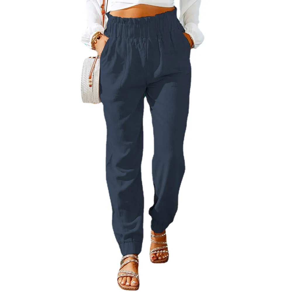 Women's Spring Ruffled Elastic Waist Belt High-waisted Pants