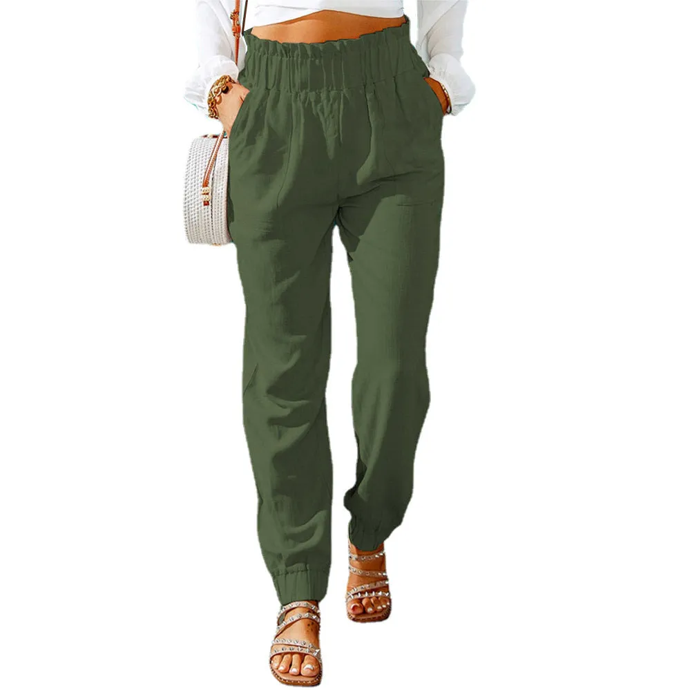 Women's Spring Ruffled Elastic Waist Belt High-waisted Pants