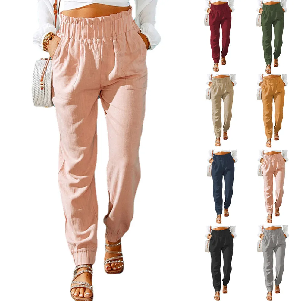 Women's Spring Ruffled Elastic Waist Belt High-waisted Pants