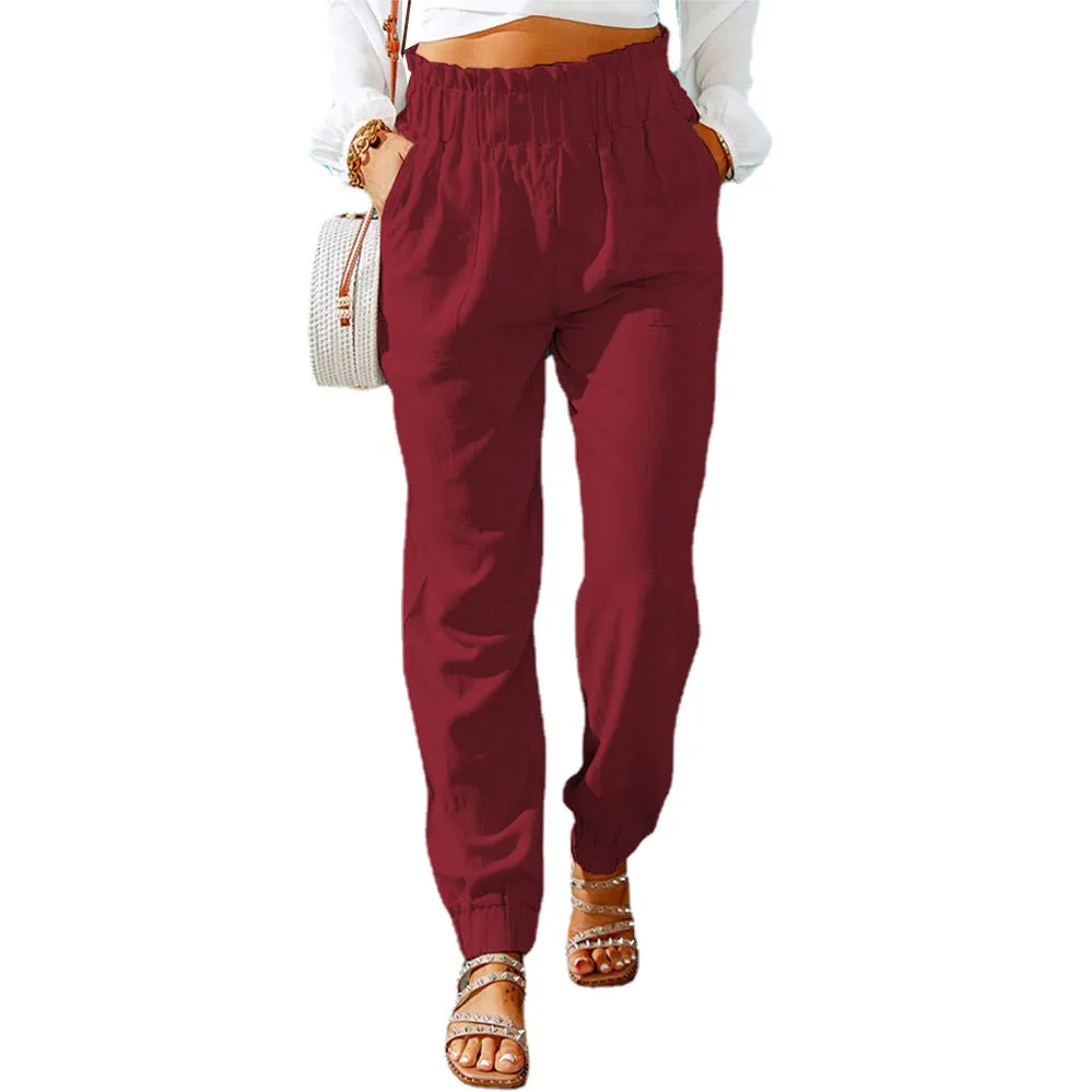 Women's Spring Ruffled Elastic Waist Belt High-waisted Pants