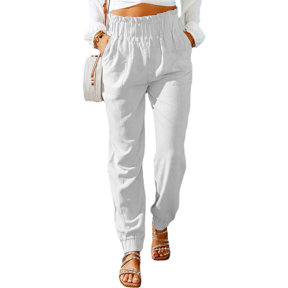 Women's Spring Ruffled Elastic Waist Belt High-waisted Pants