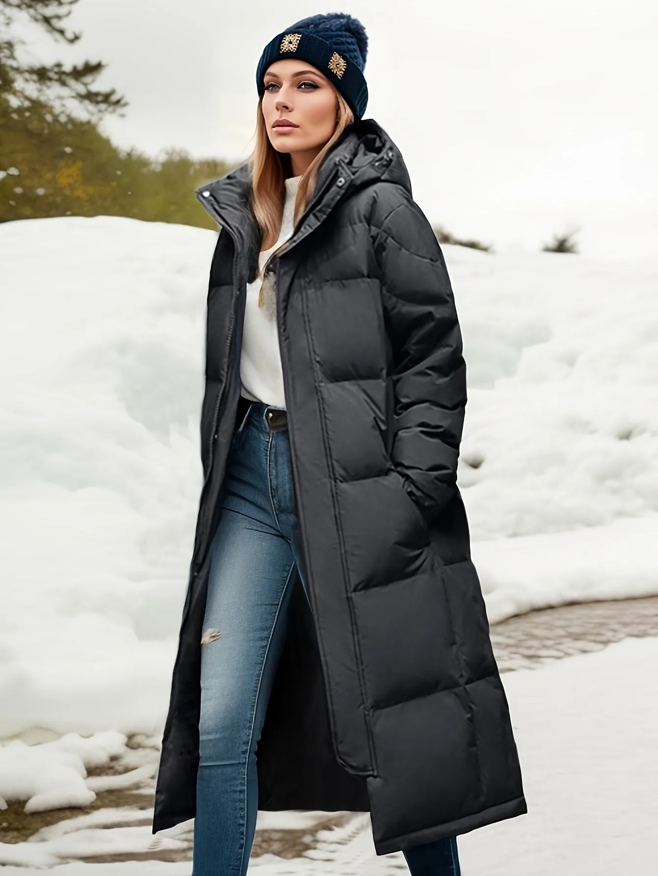 Women's Stylish Long Down Coat with Hood and Padding | Ideal for Autumn/Winter