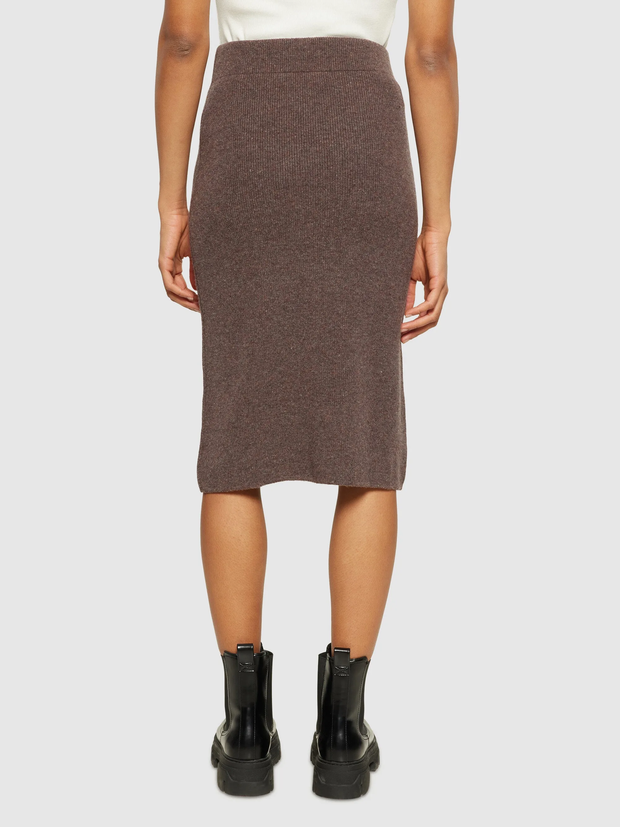 Wool midth lengt rib knit skirt - Demitasse (brown)