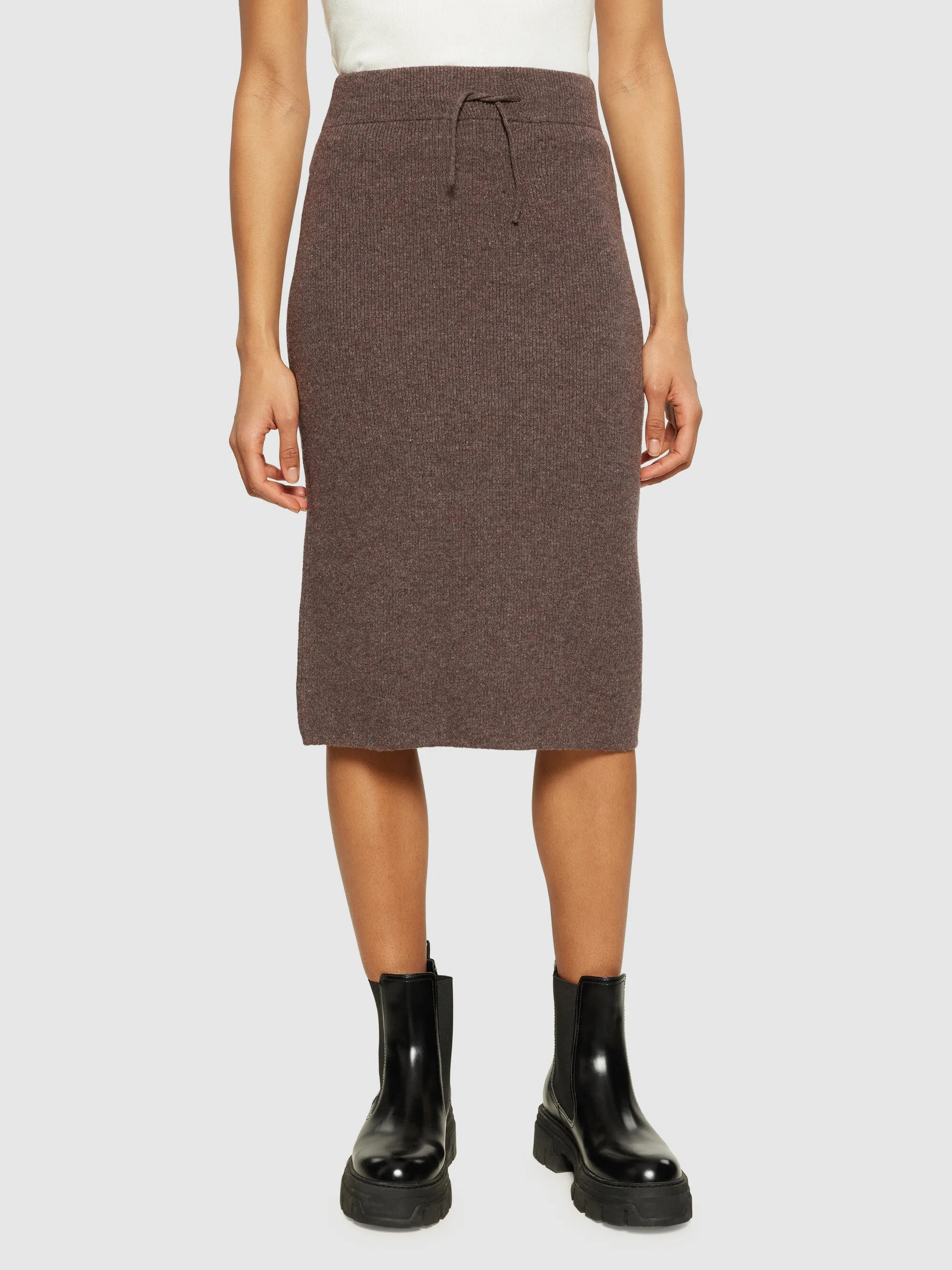 Wool midth lengt rib knit skirt - Demitasse (brown)